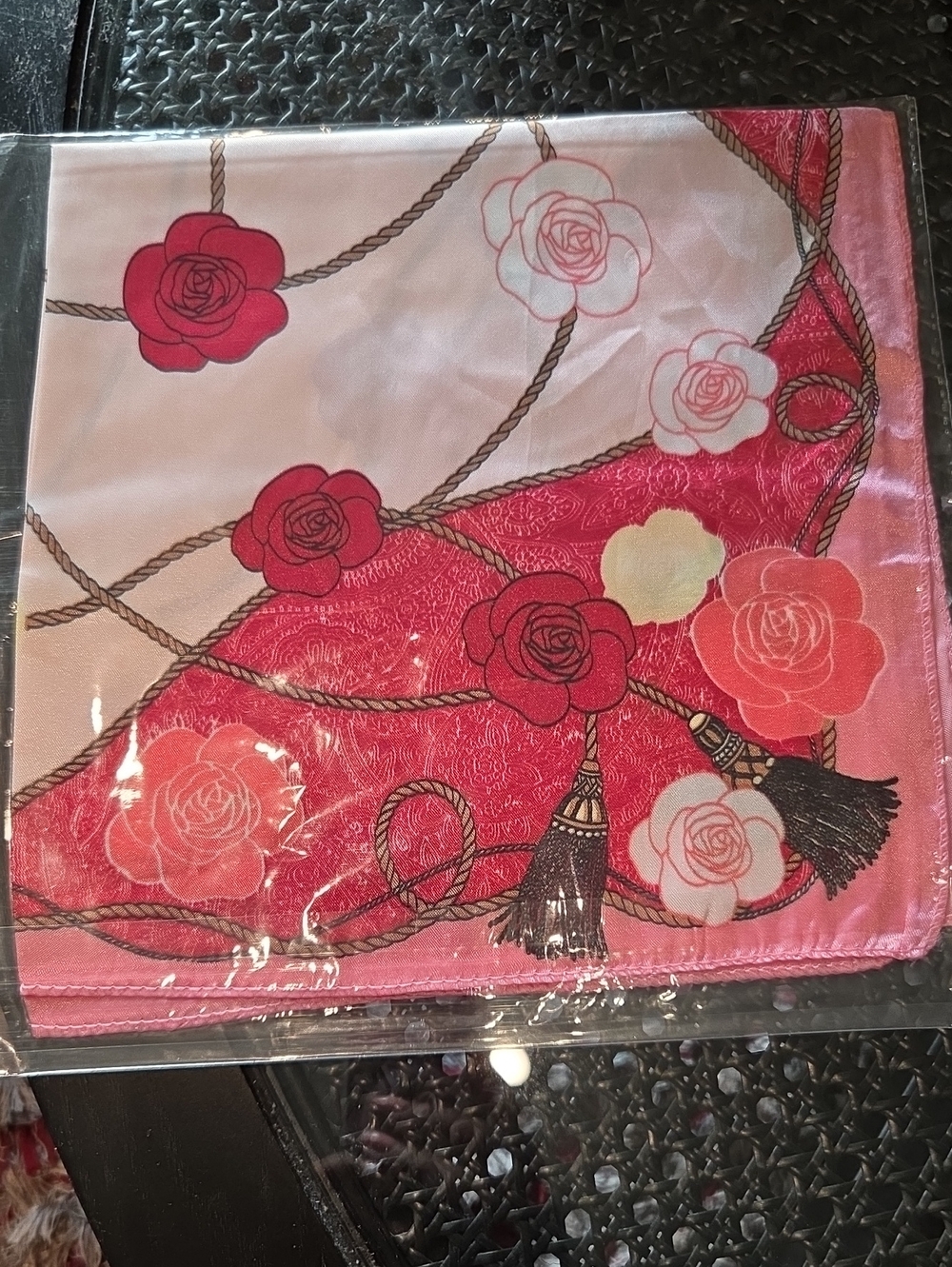 Floral Rope Tassel Pink Silk Like Scarf 19 x 19